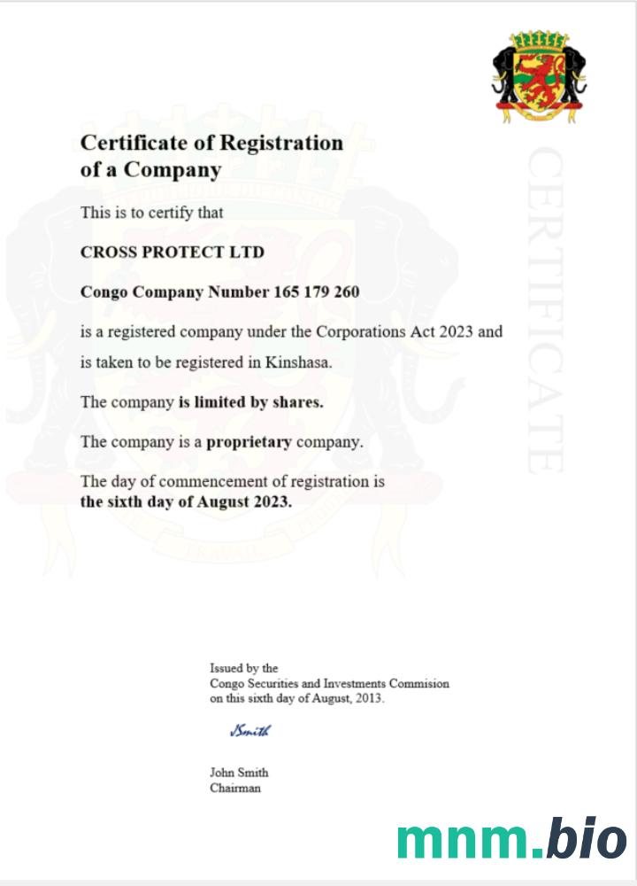 Kongo certyfikat rejestracji Word i szablon PDF